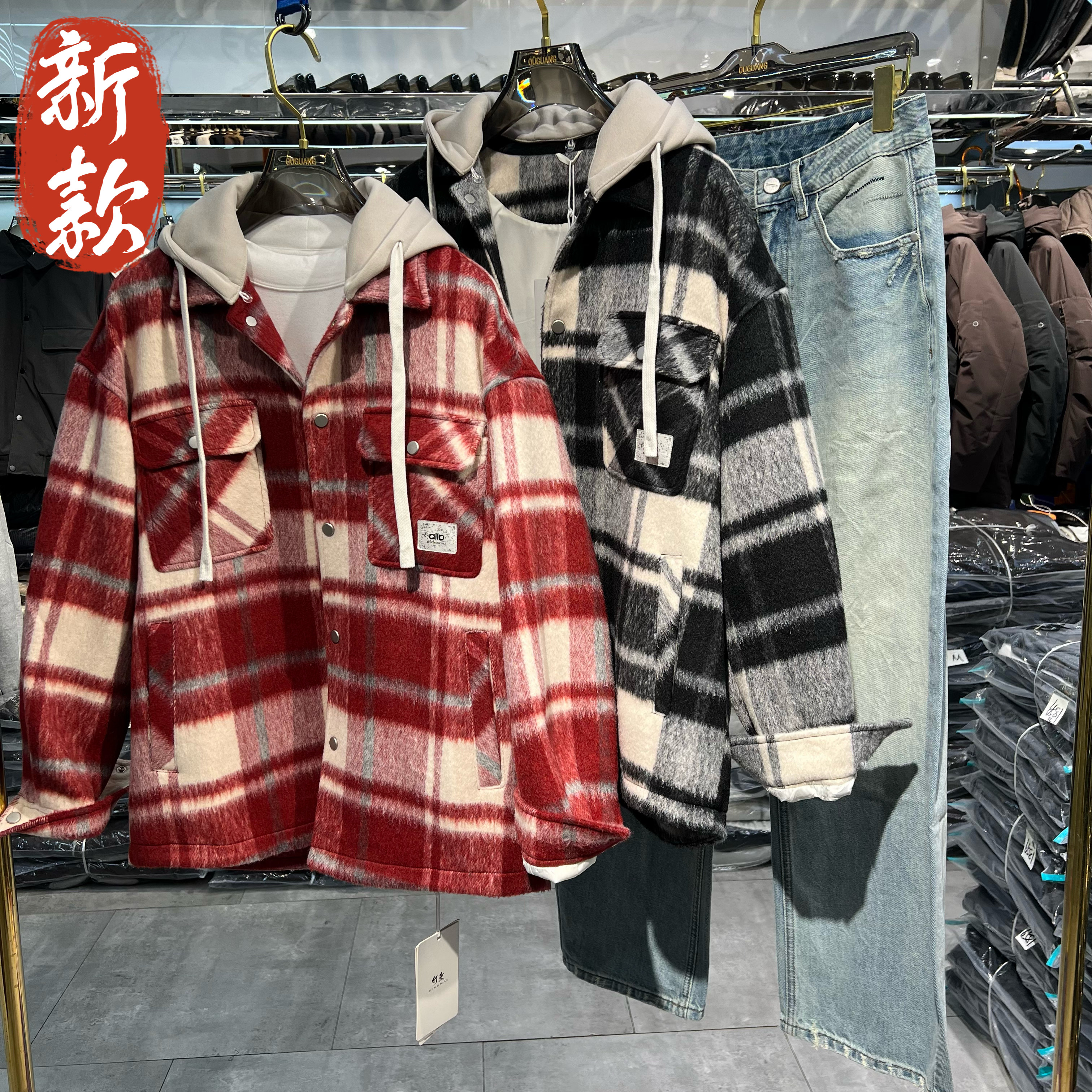 实体商场秋冬新款毛呢格子外套男装潮流男女酷帅穿搭衬衫上衣夹克