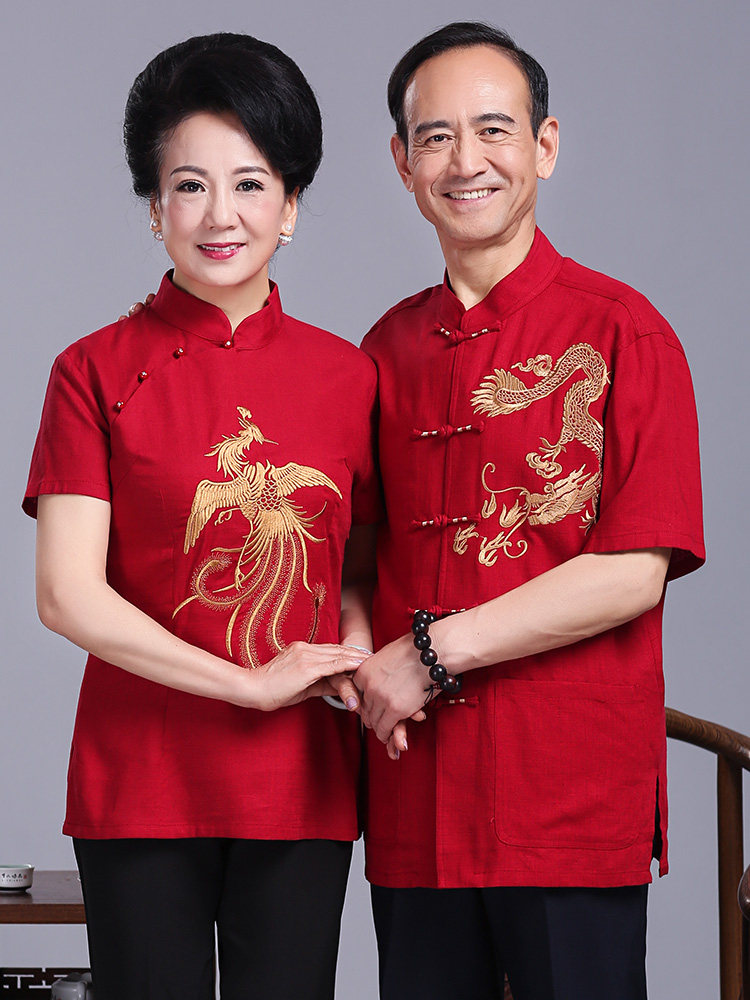 The old man's birthday Tang dress Linen men's short-sleeved suit Wedding dress clothes Grandpa and grandma couple dress