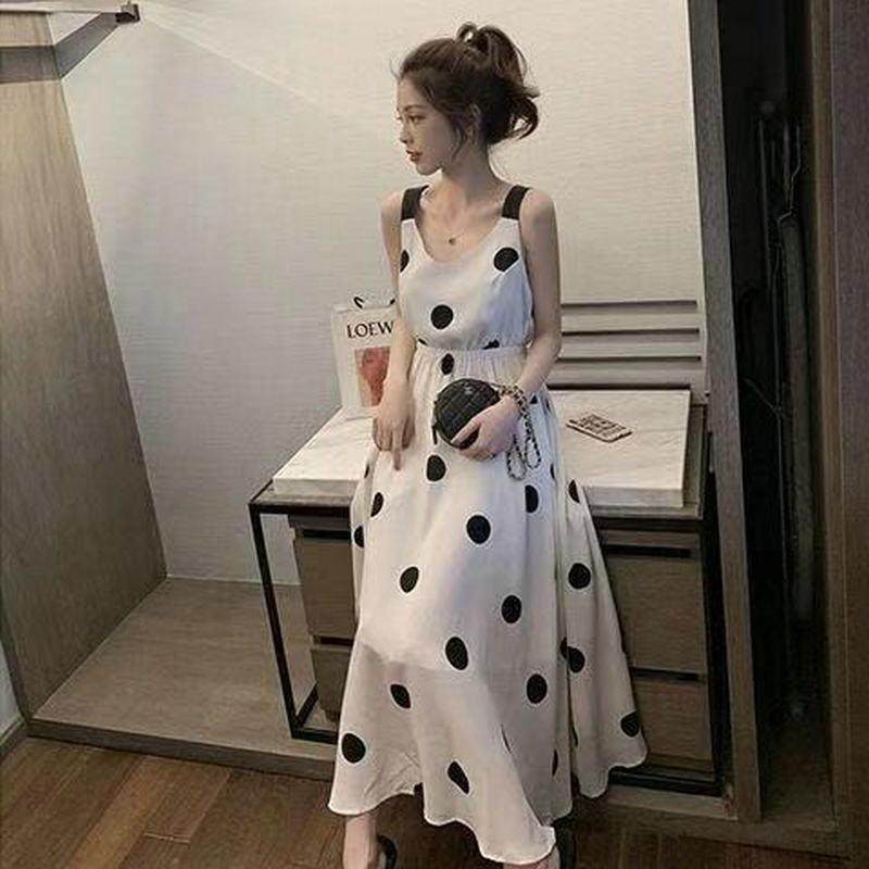 姐妹KPW中长夏款露背点吊带连衣裙女季新款闲森系波休收腰大摆裙