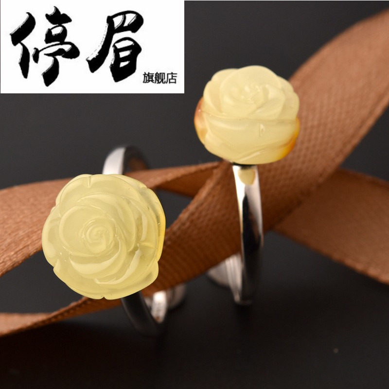 停眉蜜蜡小花朵戒指女精致正品老蜜琥珀黄蜜蜡原石转运珠纯银指环