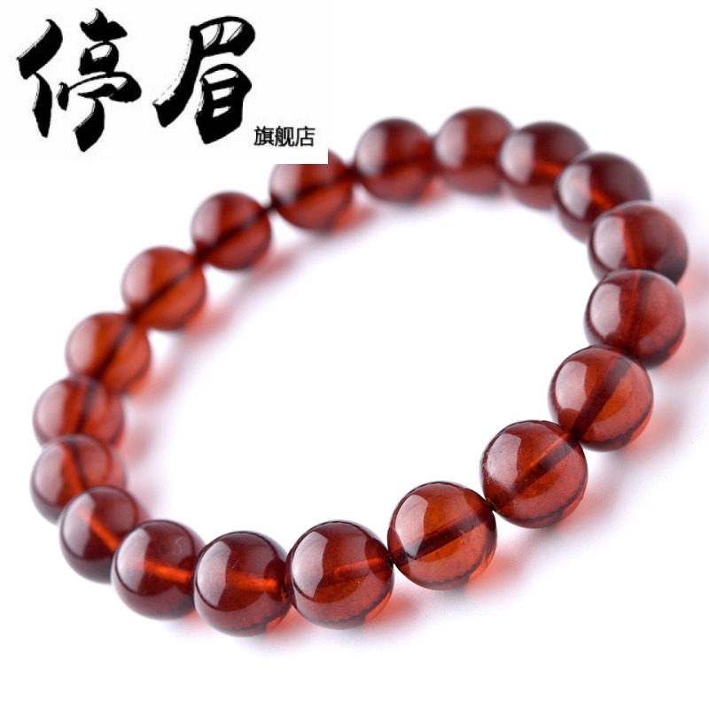 停眉血珀手链8-9mm 酒红色净水血泊琥珀蜜蜡原石单圈文玩手串男女