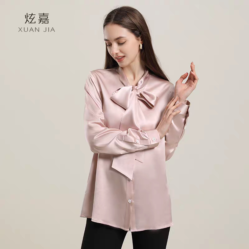 真丝衬衫秋冬新款100%桑蚕丝气质修身衬衣蝴蝶结飘带长袖女士上衣