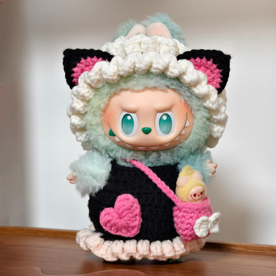 17cm泡泡玛特Labubu拉布布毛线娃衣材料包编织甜酷风小猫耳裙套装