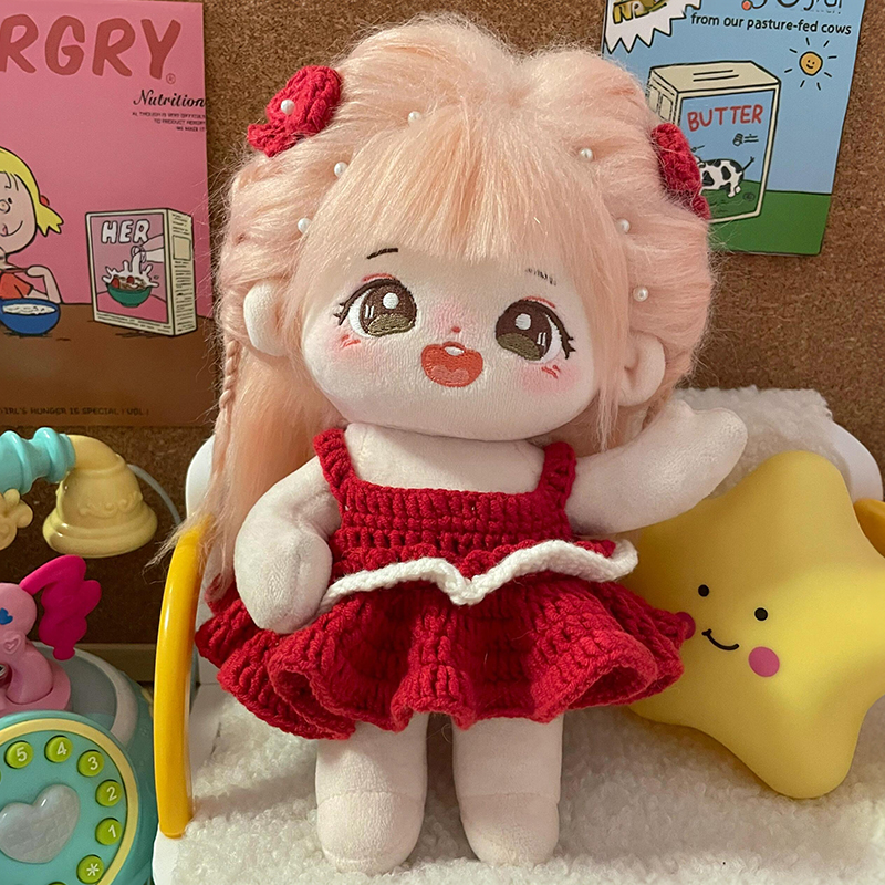 牛奶棉钩织20cm棉花娃娃大红裙子娃衣手工自制DIY材料包钩织衣服