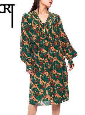 SCRT集喜瑭DVN桑蚕丝v领宽松连衣裙女中长款印花复长裙SAKH0326