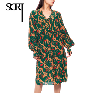 SCRT集喜瑭DVN桑蚕丝v领宽松连衣裙女中长款 印花复长裙SAKH0326