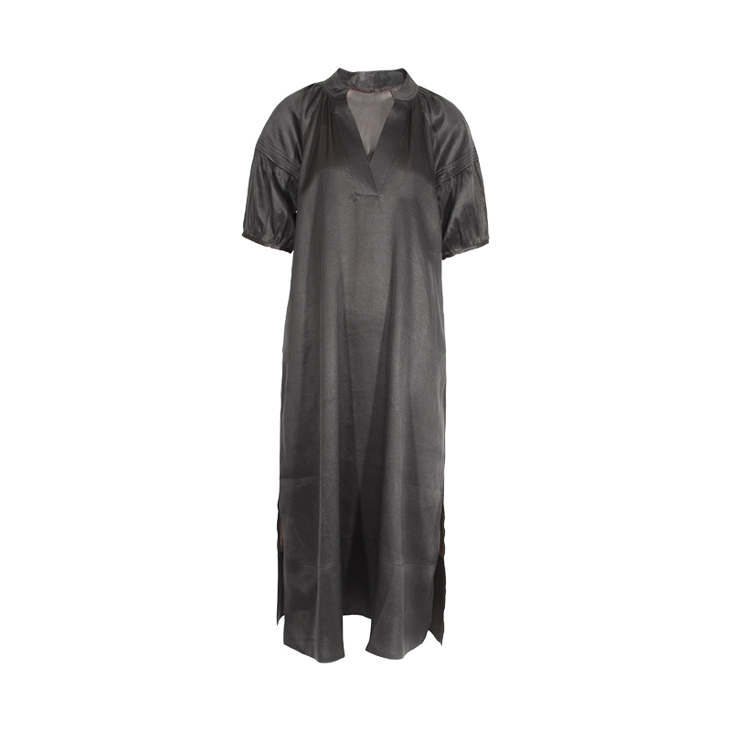 SCRT集喜瑭桑蚕丝香云纱V领短袖长款连衣裙SFS03446