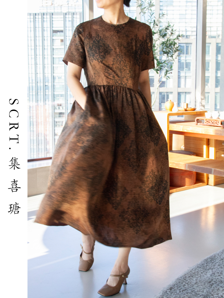 SCRT集喜瑭重磅桑蚕丝香云纱花萝连衣裙SFS13636