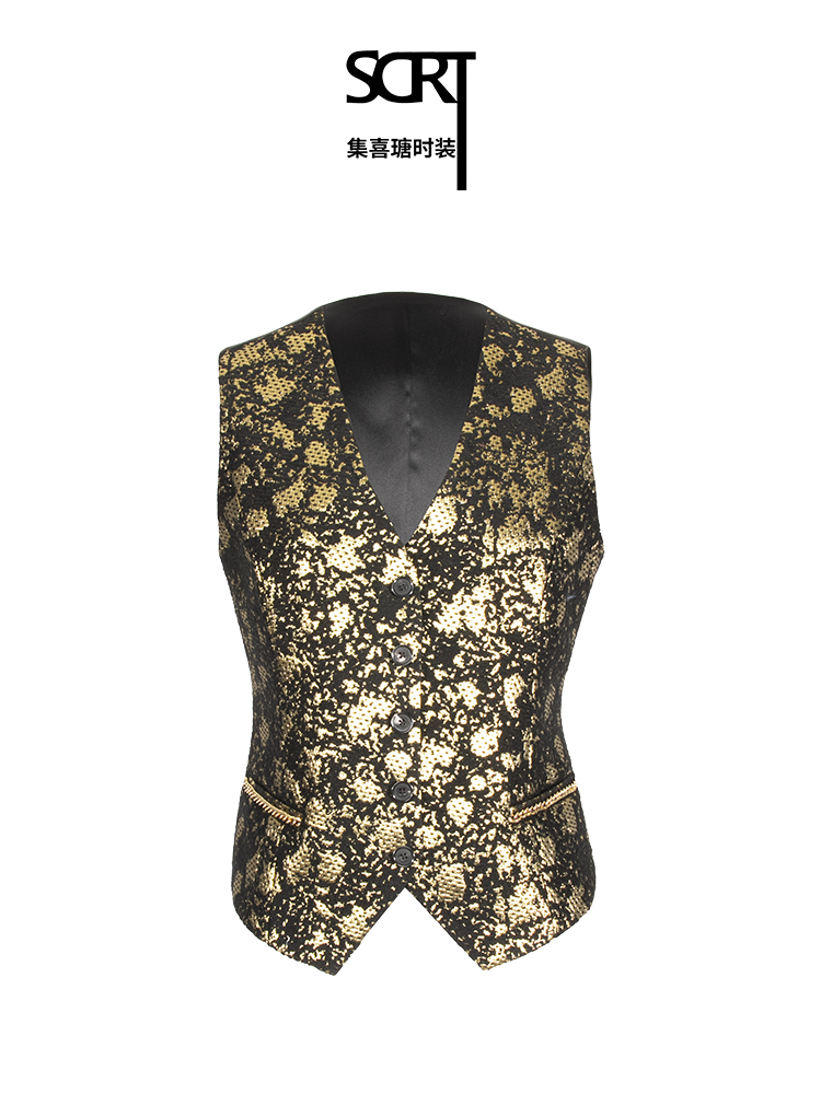 SCRT集喜瑭羊毛马甲欧根缎拼接背心上衣SFS1874