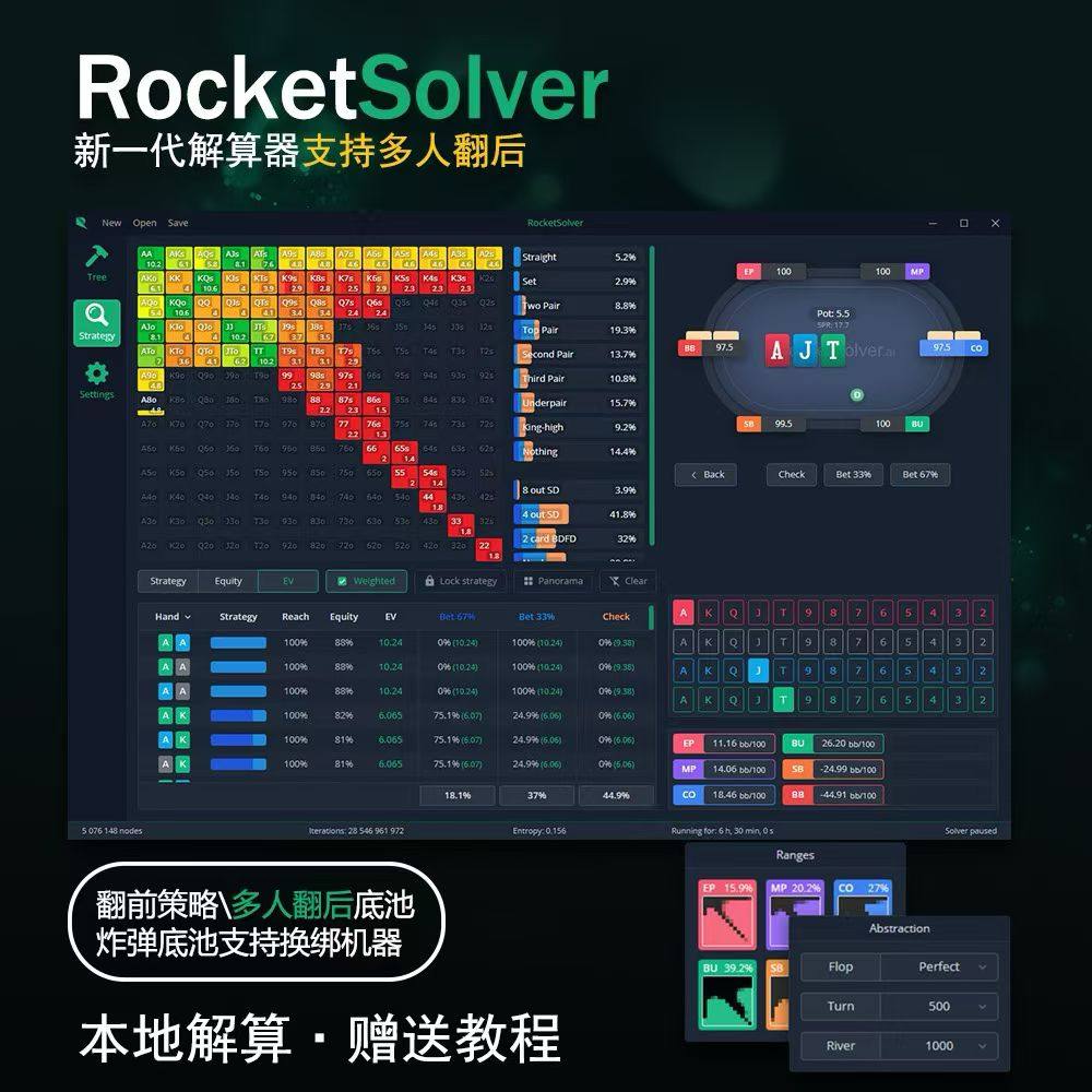 Rocket Solver德州扑克解算器支持翻后多人求解本地部署永久激活