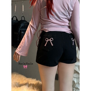 休闲热裤 重工 女高腰显瘦A字修身 mm蝴蝶结刺绣牛仔短裤 微胖大码