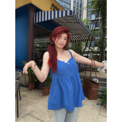 微胖叠穿度假克莱因蓝色波点吊带背心女夏外穿设计感宽松无袖上衣