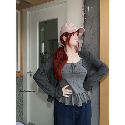 微胖 mm 韩系甜美波点吊带背心开衫两件套外套 早春显瘦遮肉套装