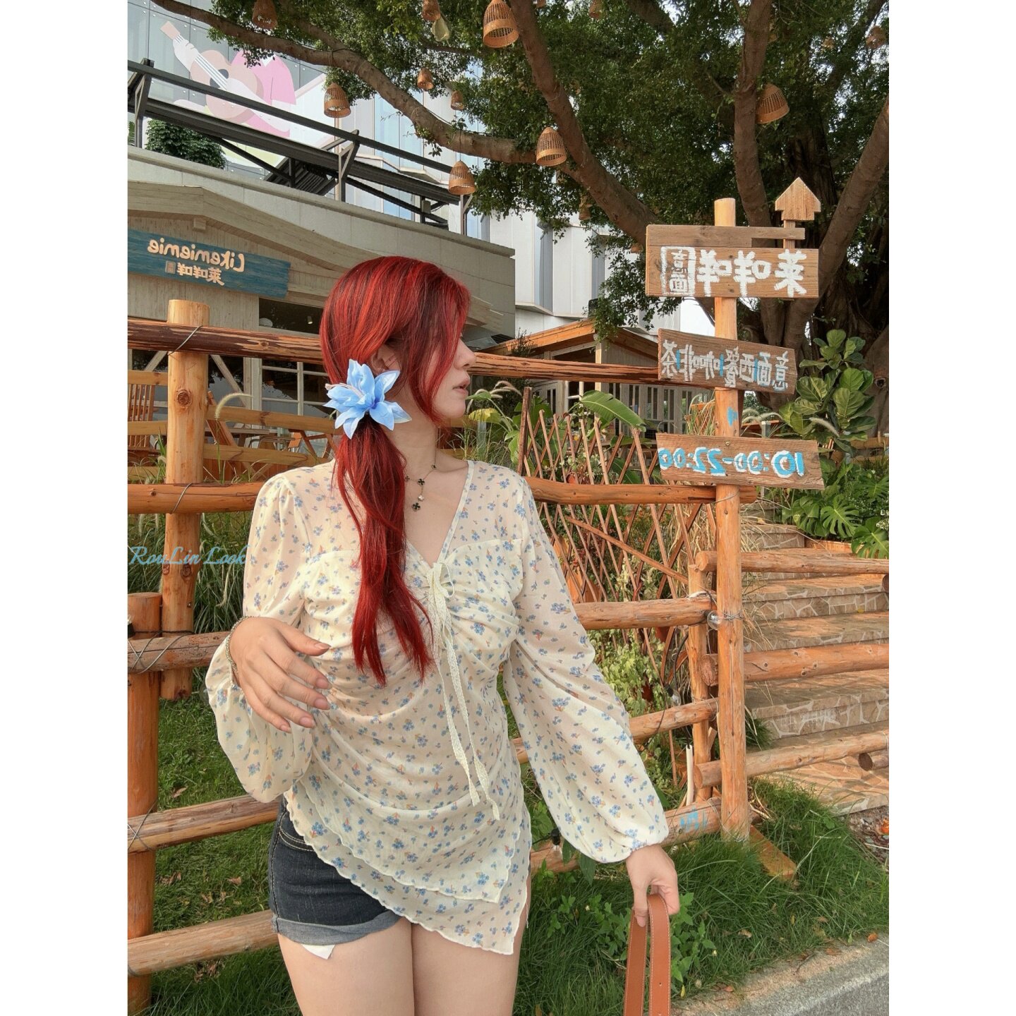 微胖大码胖mm温柔风碎花蕾丝灯笼袖不规则下摆抽绳雪纺衫上衣衬衫