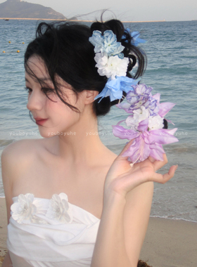 蓝屿花事~超仙蓝色百合花抓夹女高级感拍照氛围感侧边夹发饰头饰