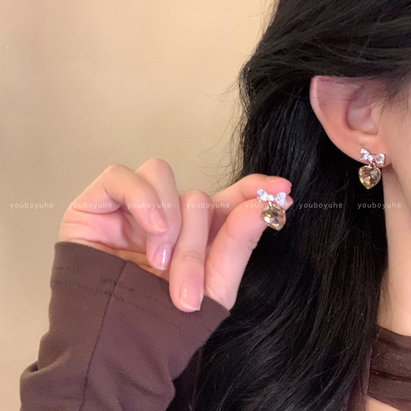 韩系冰透爱心蝴蝶结轻奢小众耳环