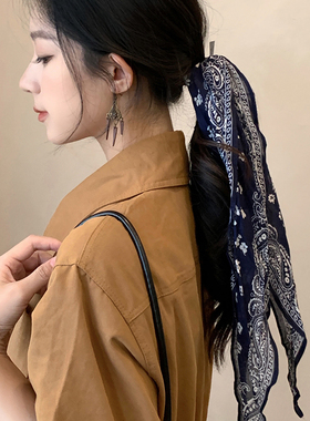 娜扎同款蓝色腰果花绑发丝巾发带女复古系脖配饰头巾编发飘带发饰