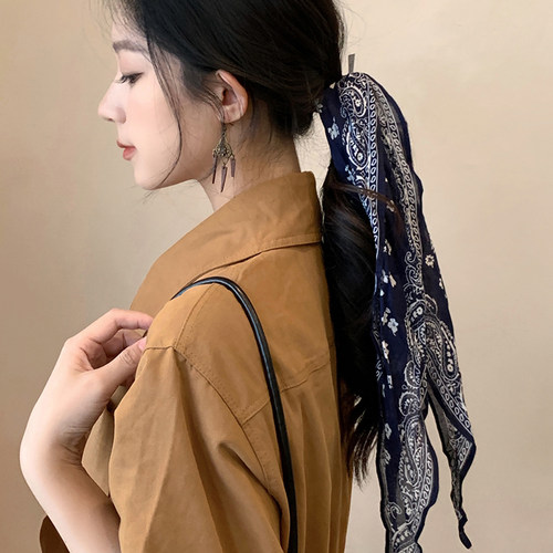 娜扎同款蓝色腰果花绑发丝巾发带