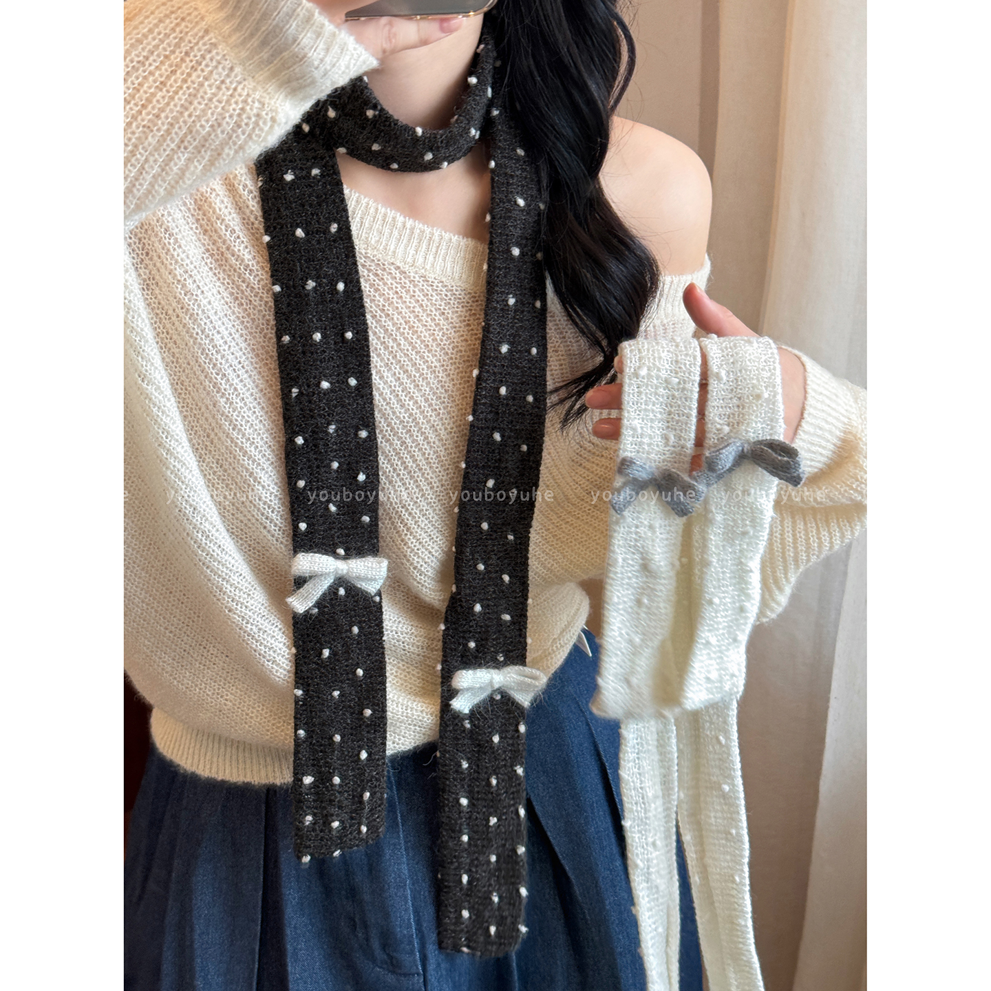 韩系蝴蝶结波点细条甜美复古围巾