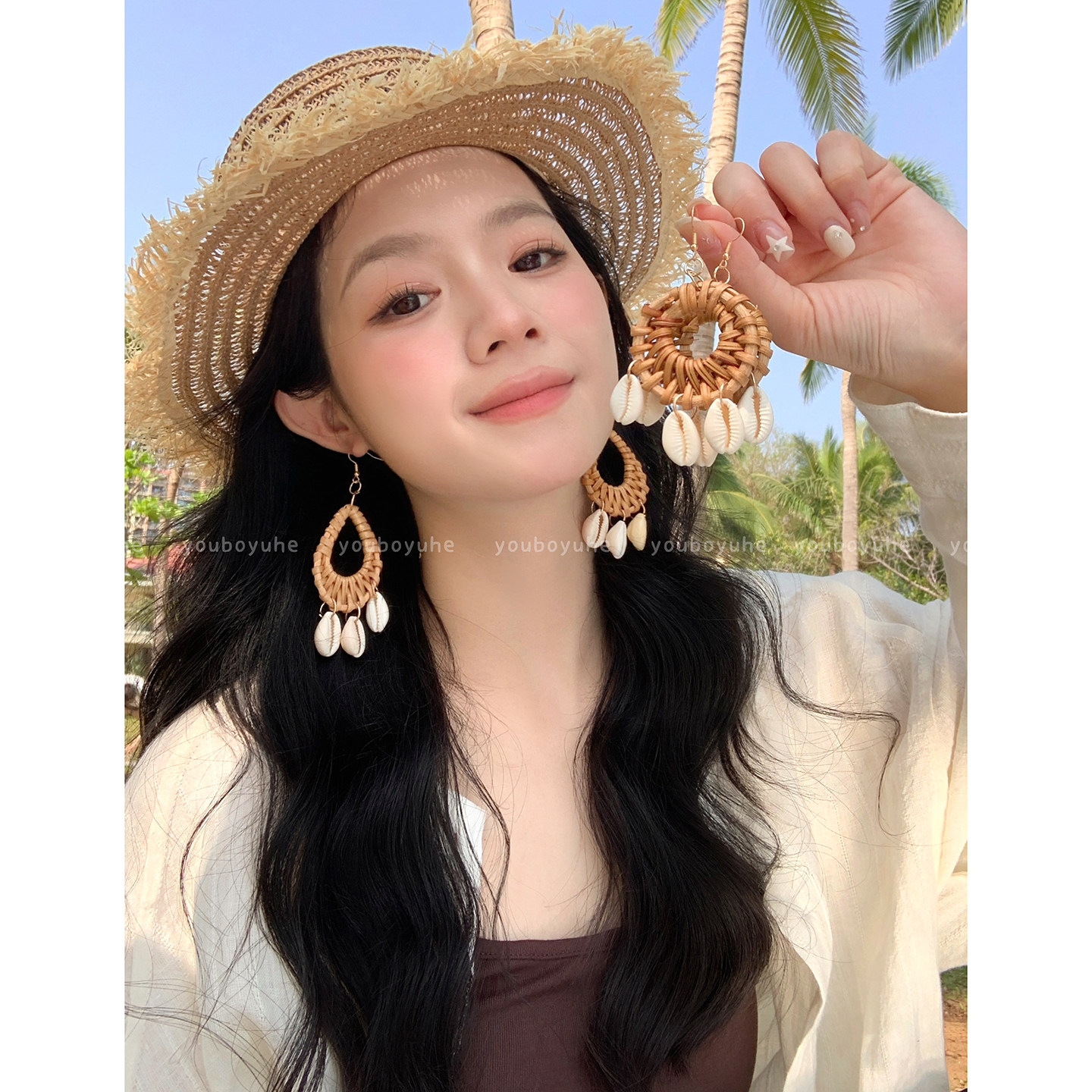 度假岛屿~波西米亚水滴编织海螺耳环女海边度假耳坠绝美夸张耳饰