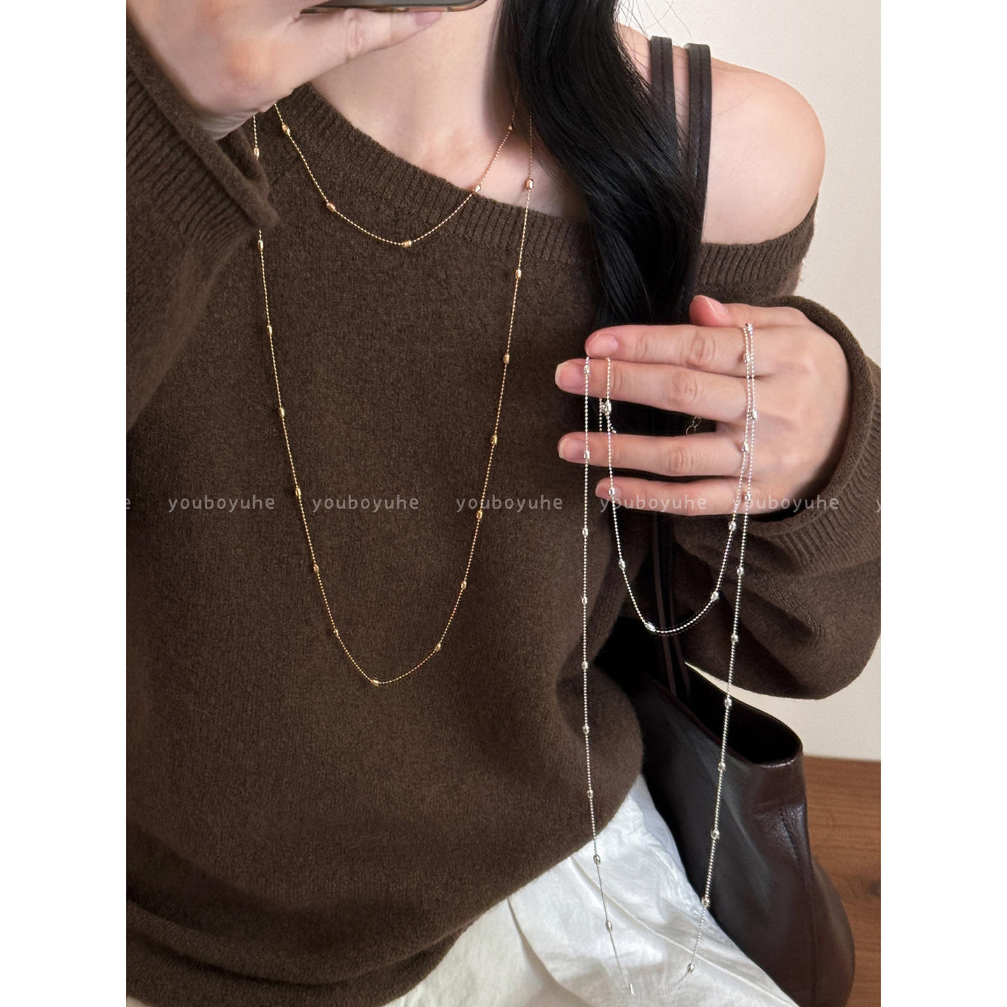 银色双层叠戴长款项链金色毛衣链