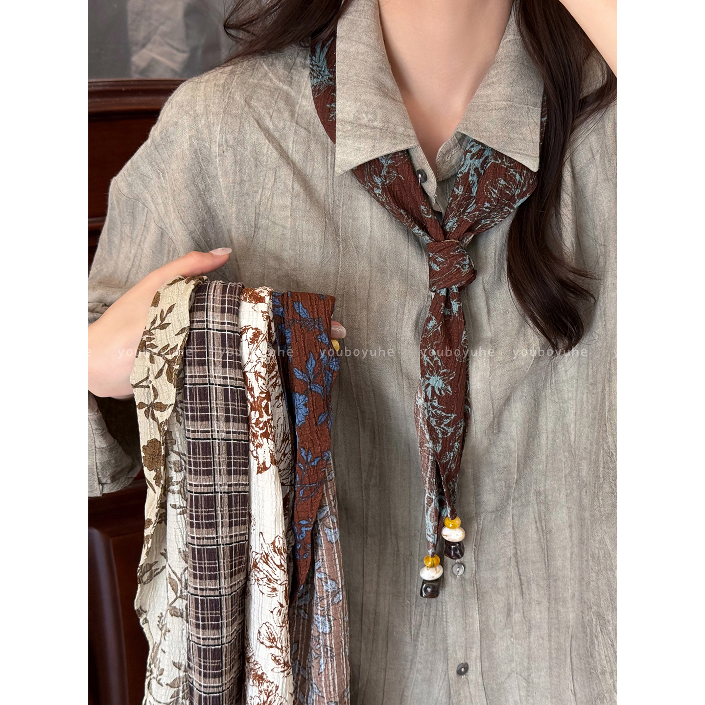 复古碎花长条串珠丝巾女高级感时尚薄款领巾装饰围巾个性腰间配饰