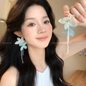 手作刺绣蓝色撞色花朵耳钉女款 夸张海边耳环度假风无耳洞耳夹耳饰