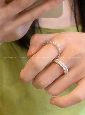 撞色串珠蝴蝶结戒指女叠戴食指戒