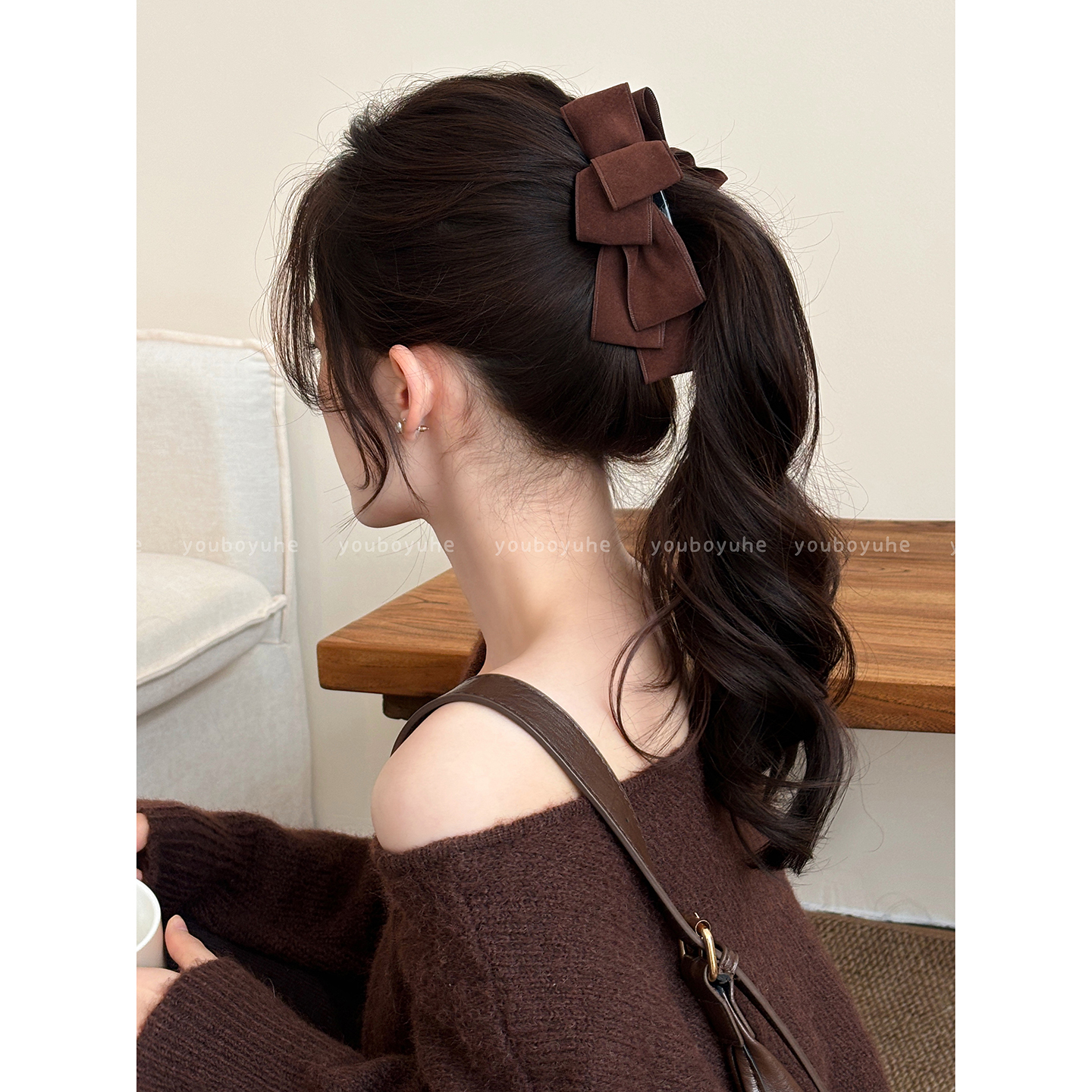 韩系精致咖色蝴蝶结发夹香蕉夹女