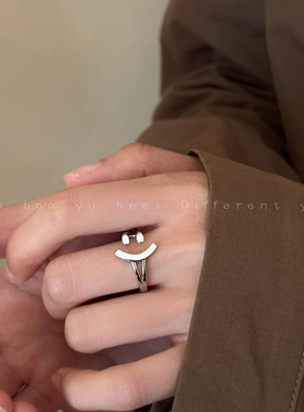 简约开 口笑脸戒指女独特设计微笑食指戒春夏冷淡风个性可调节戒