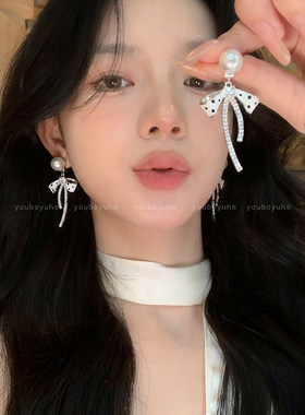 轻奢珍珠锆石蝴蝶结可两戴耳环女