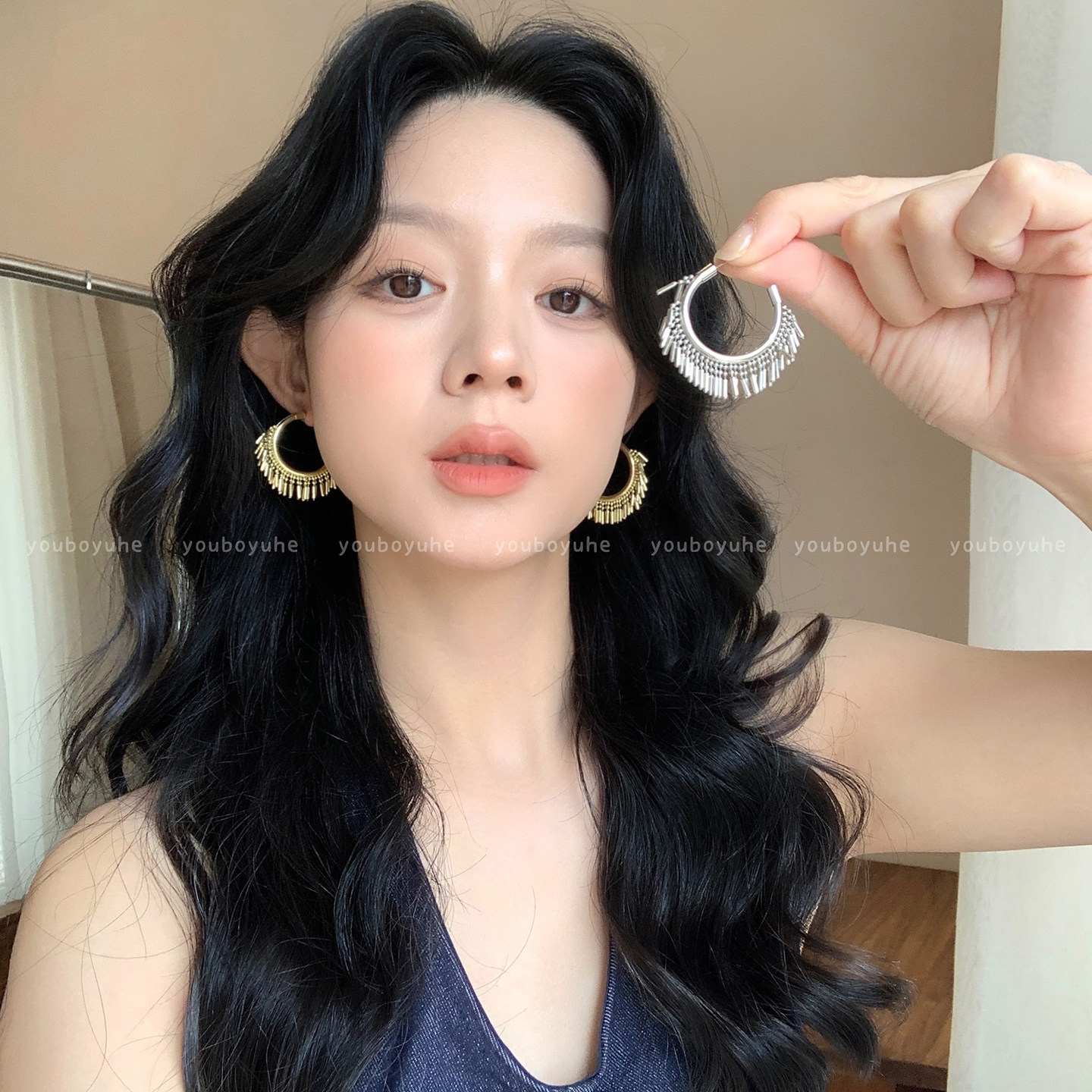 度假风金色流苏圈圈耳环女高级感轻奢精致银针耳圈民族风小众耳饰