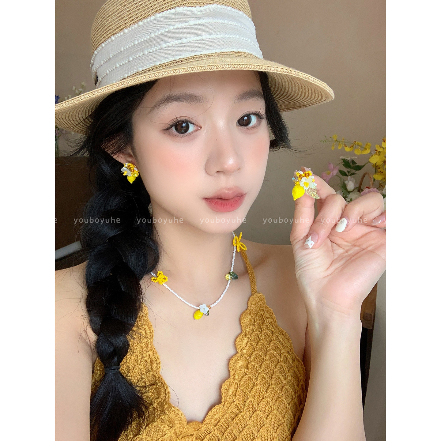 柠檬之夏~串珠花朵项链女小众设计高级感锁骨链绝美夸张精致耳环