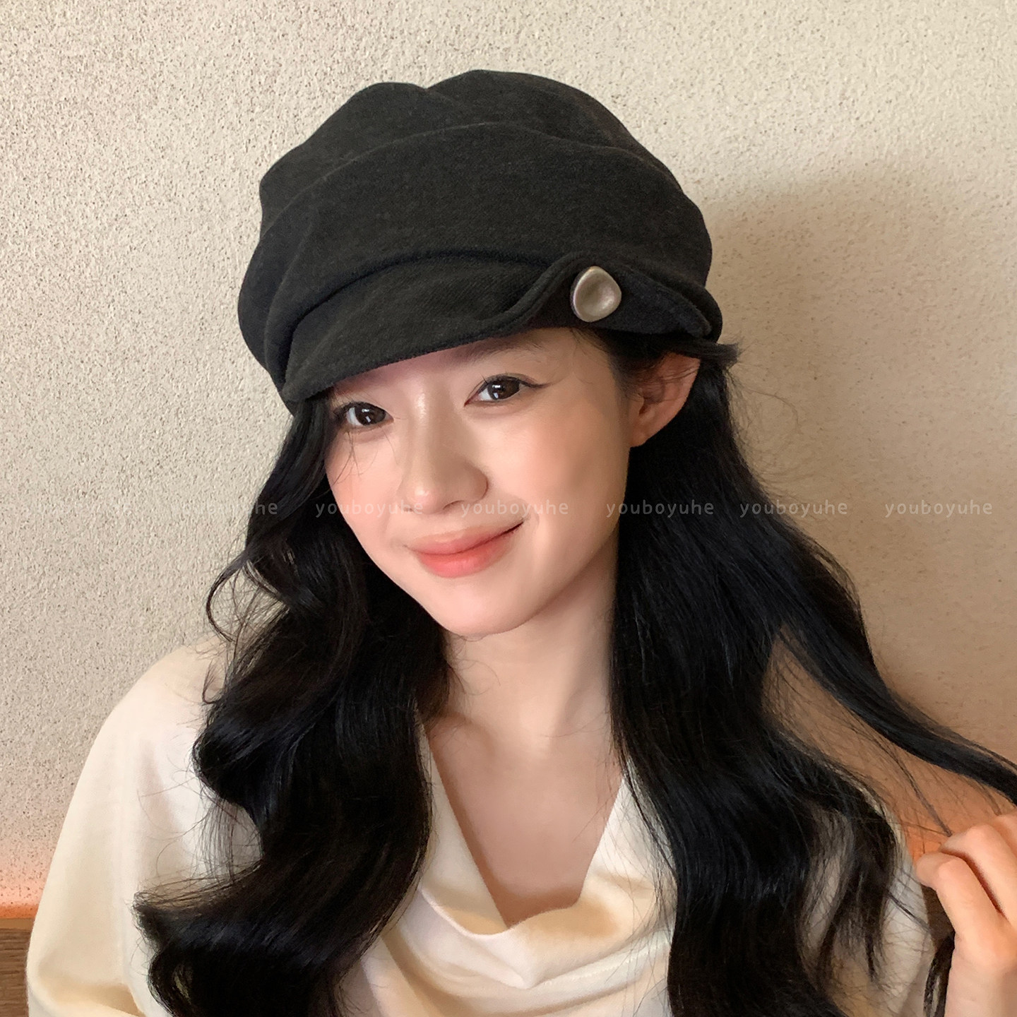 复古褶皱翻檐马术帽子女2026秋冬新款时尚八角帽百搭显脸小贝雷帽
