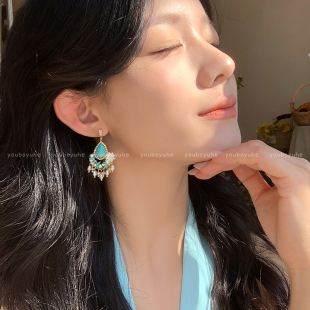 苗疆少女~ 复古民族风绿松石花朵流苏耳坠新中式气质春季耳环耳饰
