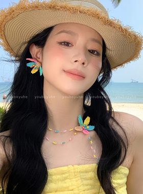 多巴胺彩色串珠花朵流苏项链耳环