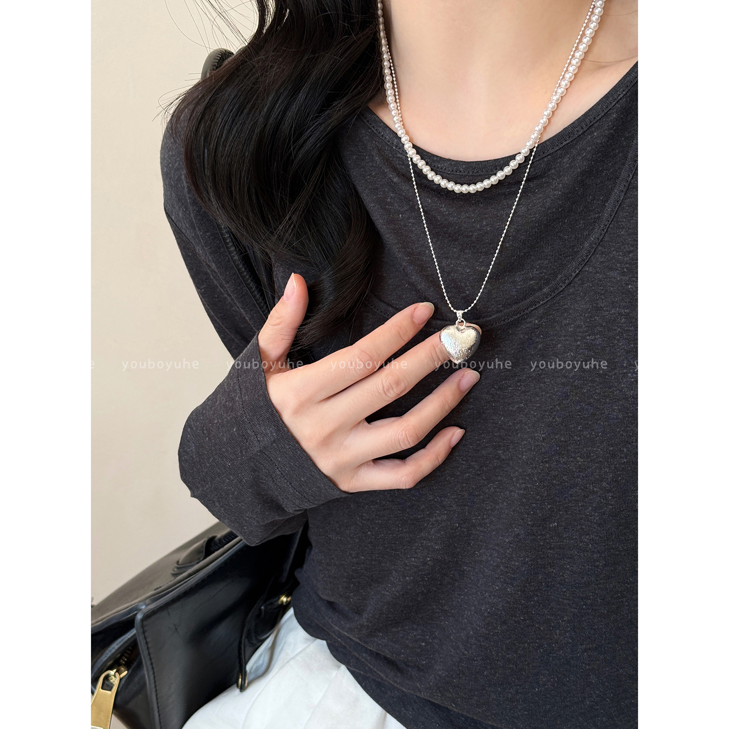 银色拉丝爱心珍珠叠戴项链女轻奢小众秋冬毛衣链韩系简约百搭配饰