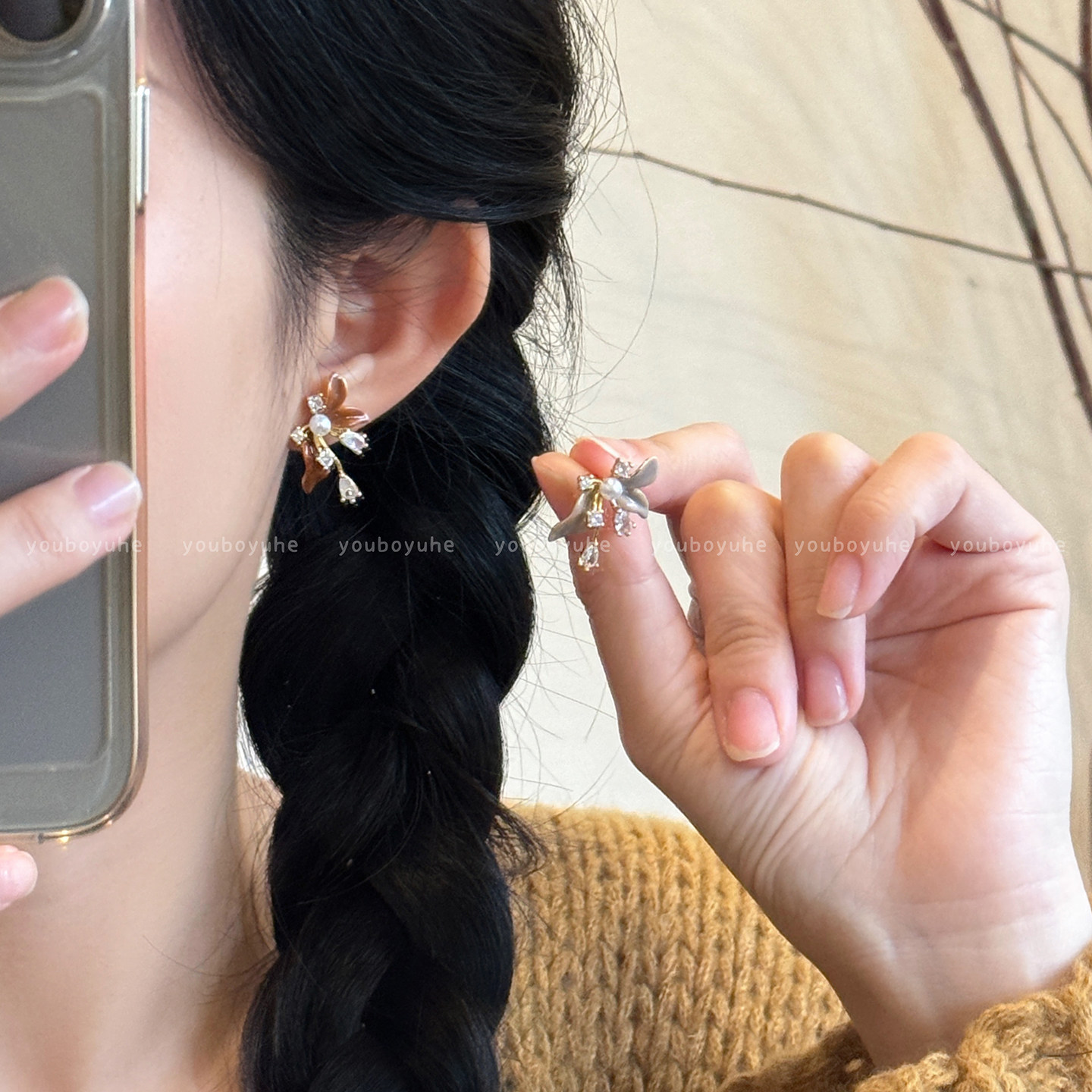 咖色花瓣珍珠设计感小众气质耳环