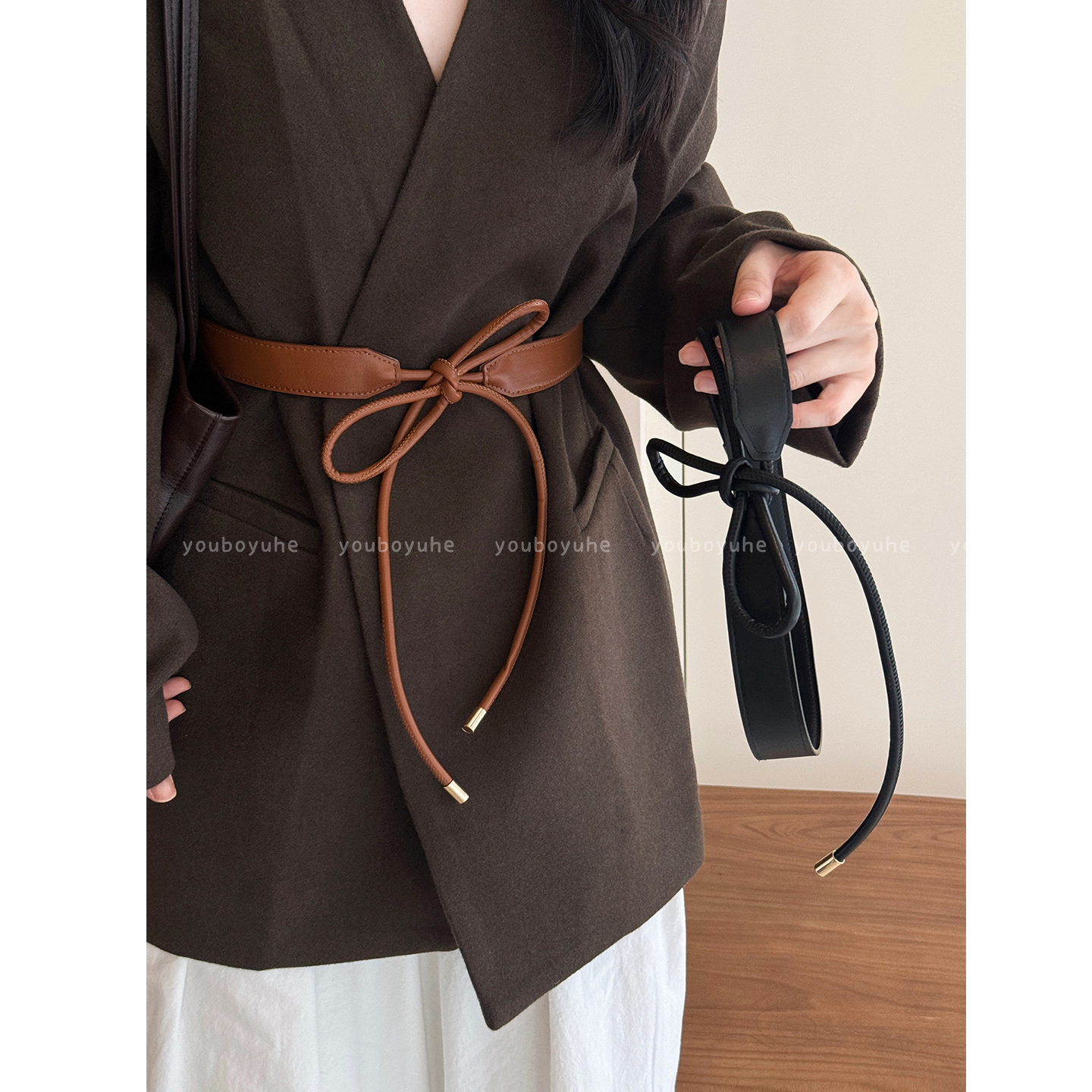 韩系简约配大衣细腰带收腰配饰女