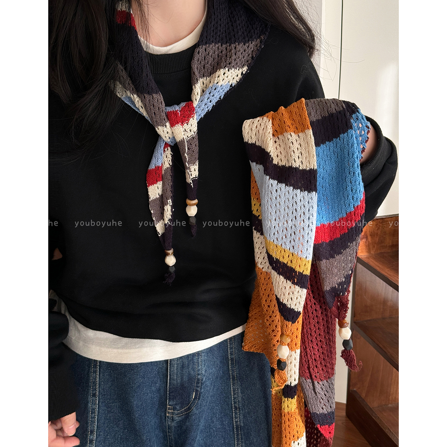 韩系撞色条纹镂空针织外搭披肩