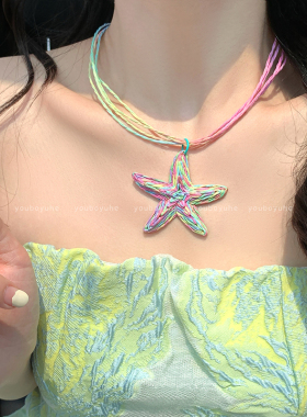 蓝色草编海星项链女度假风锁骨链