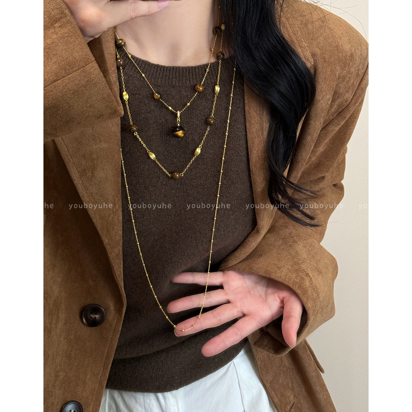 美拉德虎眼石叠戴项链秋冬毛衣链