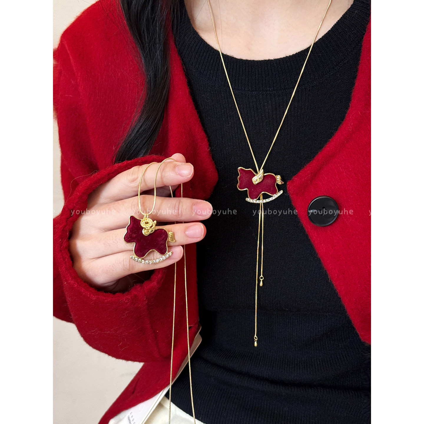 "立马暴富"新年红色植绒小马双层抽拉项链女本命年喜庆毛衣链配饰,饰品/流行首饰/时尚饰品新,项链,淘宝优惠券,粉丝福利购,淘宝优惠卷