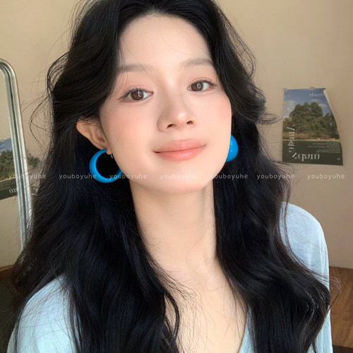 蓝色圈圈耳环夸张耳圈女