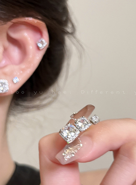 超闪方形锆石银针耳钉女精致小巧高级感耳环养耳洞睡觉不用摘耳饰