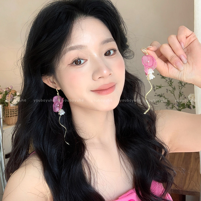 法式粉色网纱铃兰花朵流苏耳钉女高级感夸张耳环海边度假风耳饰品