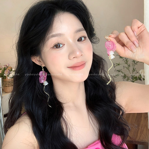 法式粉色网纱铃兰花朵流苏耳钉女