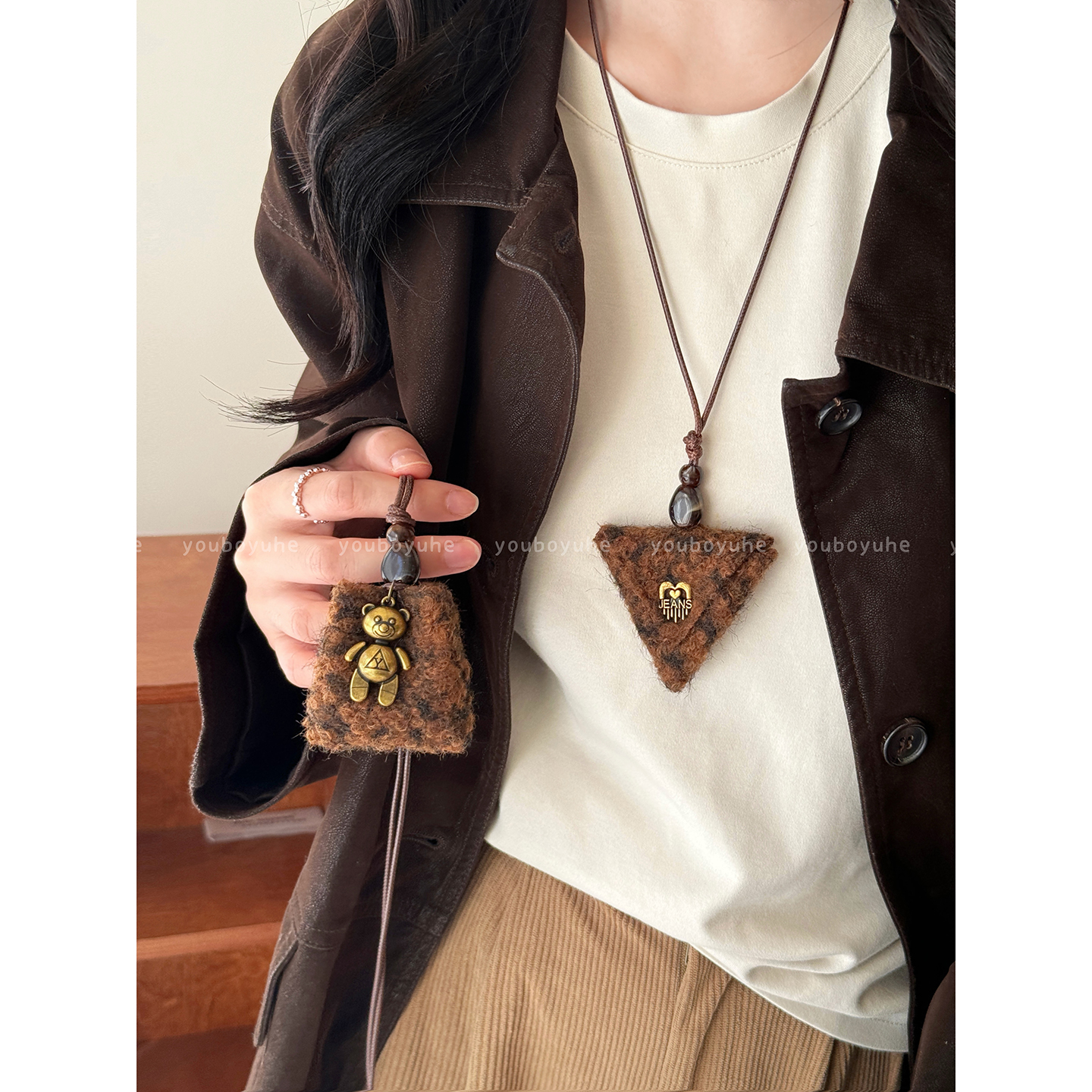 美拉德毛绒金色小熊项链女款日常百搭长款挂绳毛衣链小众装饰配饰