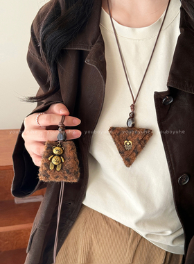 美拉德毛绒金色小熊长款挂绳项链