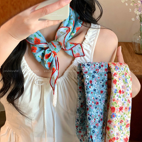 蓝色花朵丝巾方巾装饰头巾腰带女